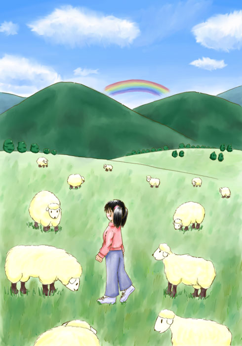 羊の放牧と虹